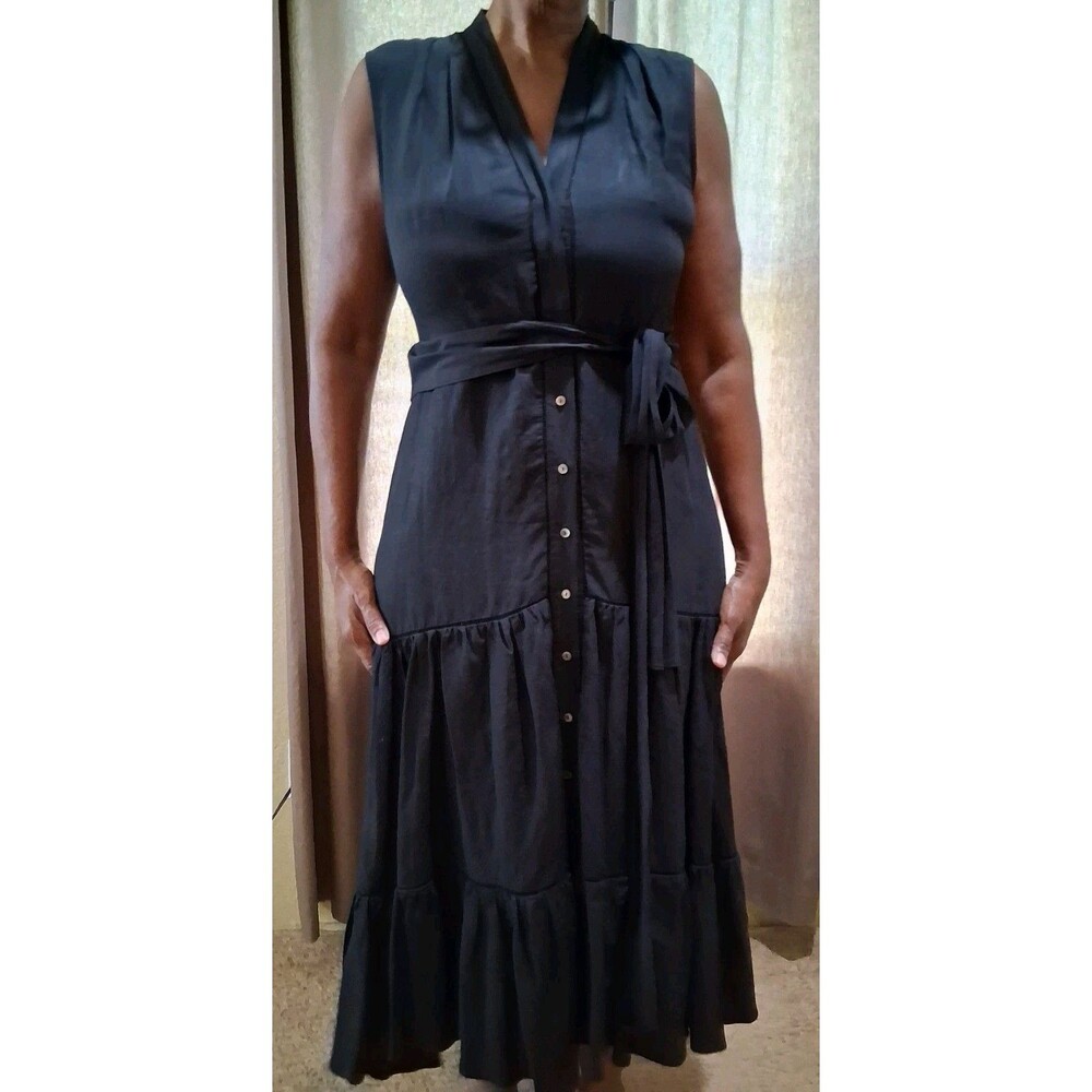 Kori Halperin Dress Women's Large  Black Attach Tie Belt Linen Blend